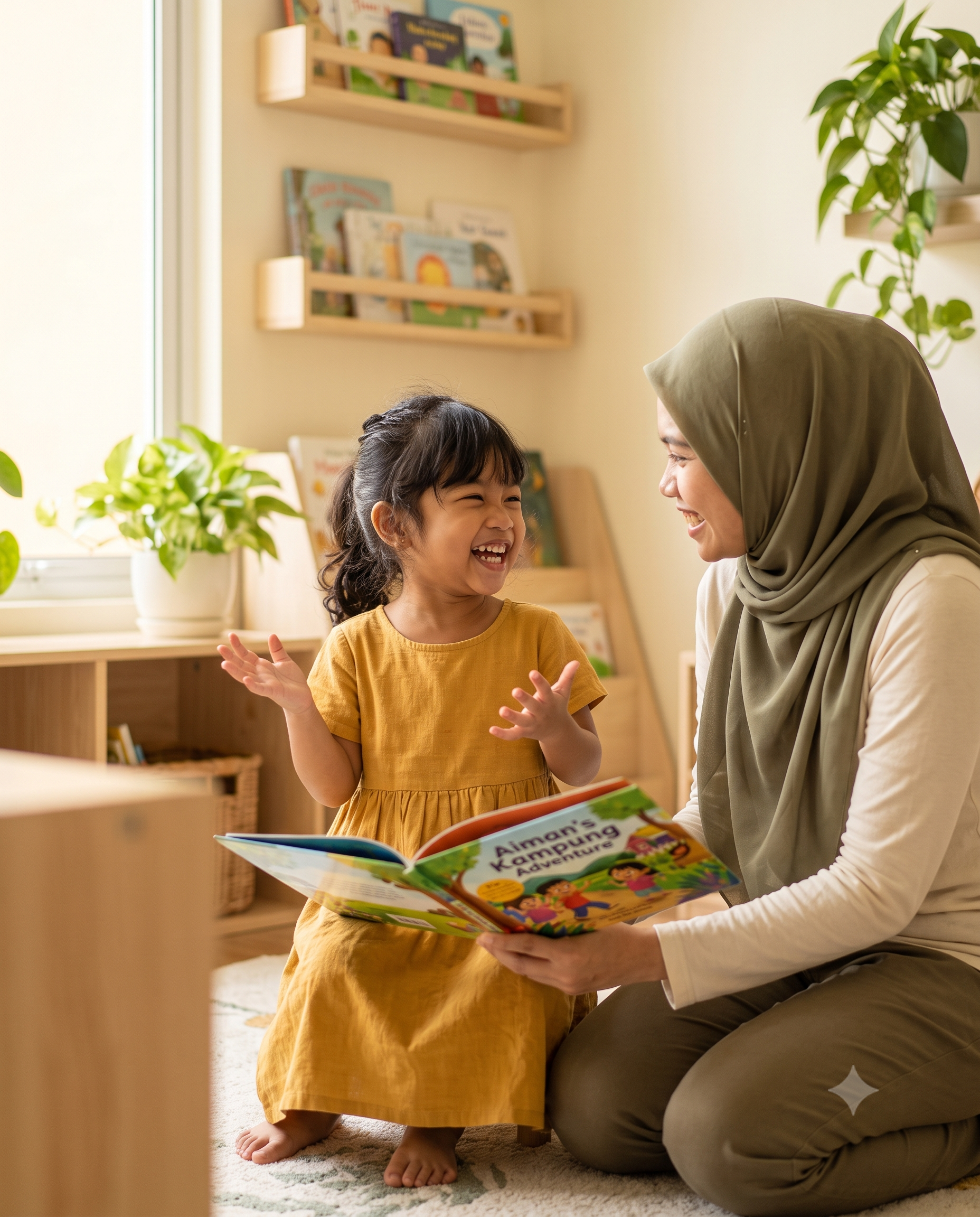A carer reading a storybook together with a joyful child