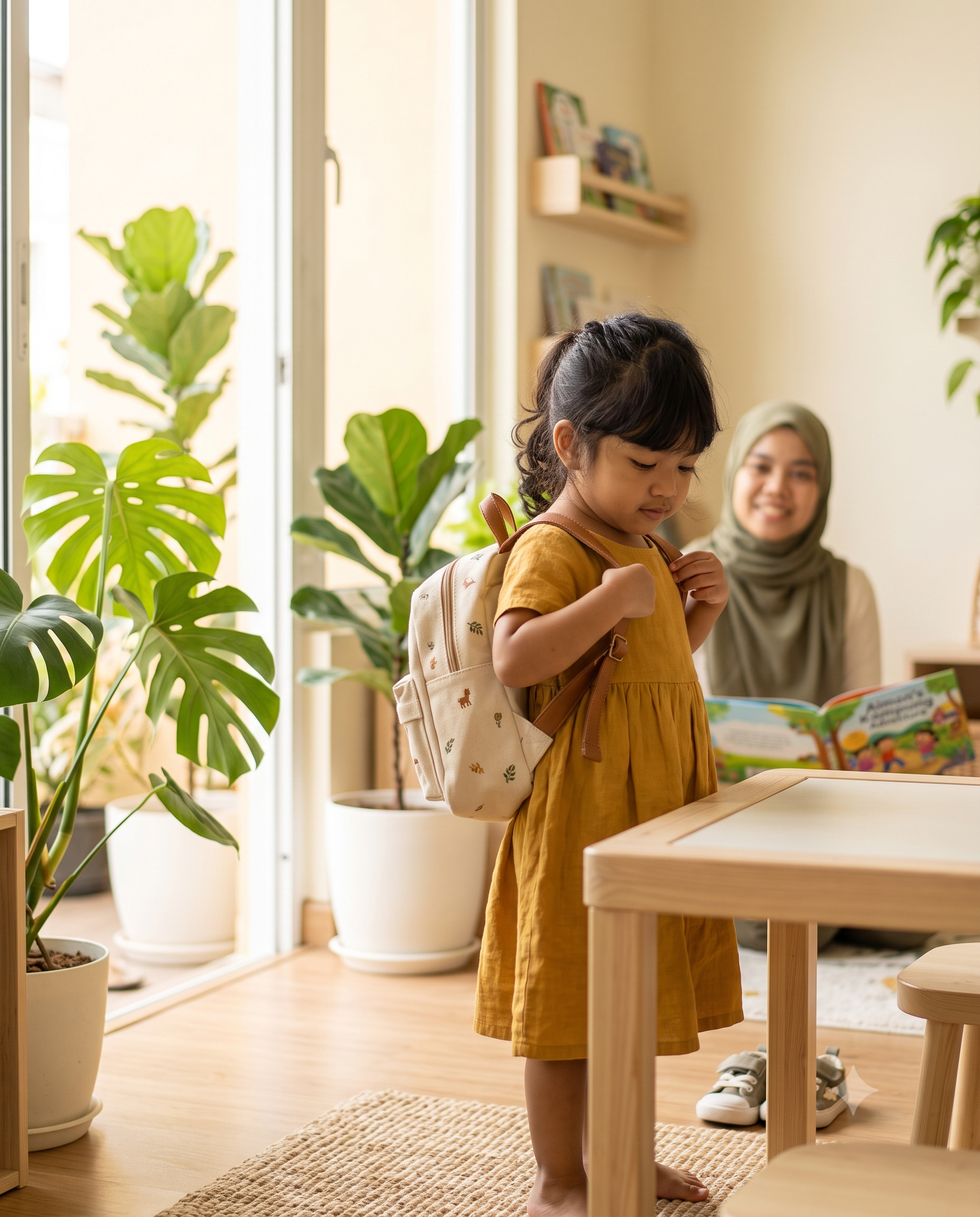 A child independently putting on her backpack while her smiling carer looks on