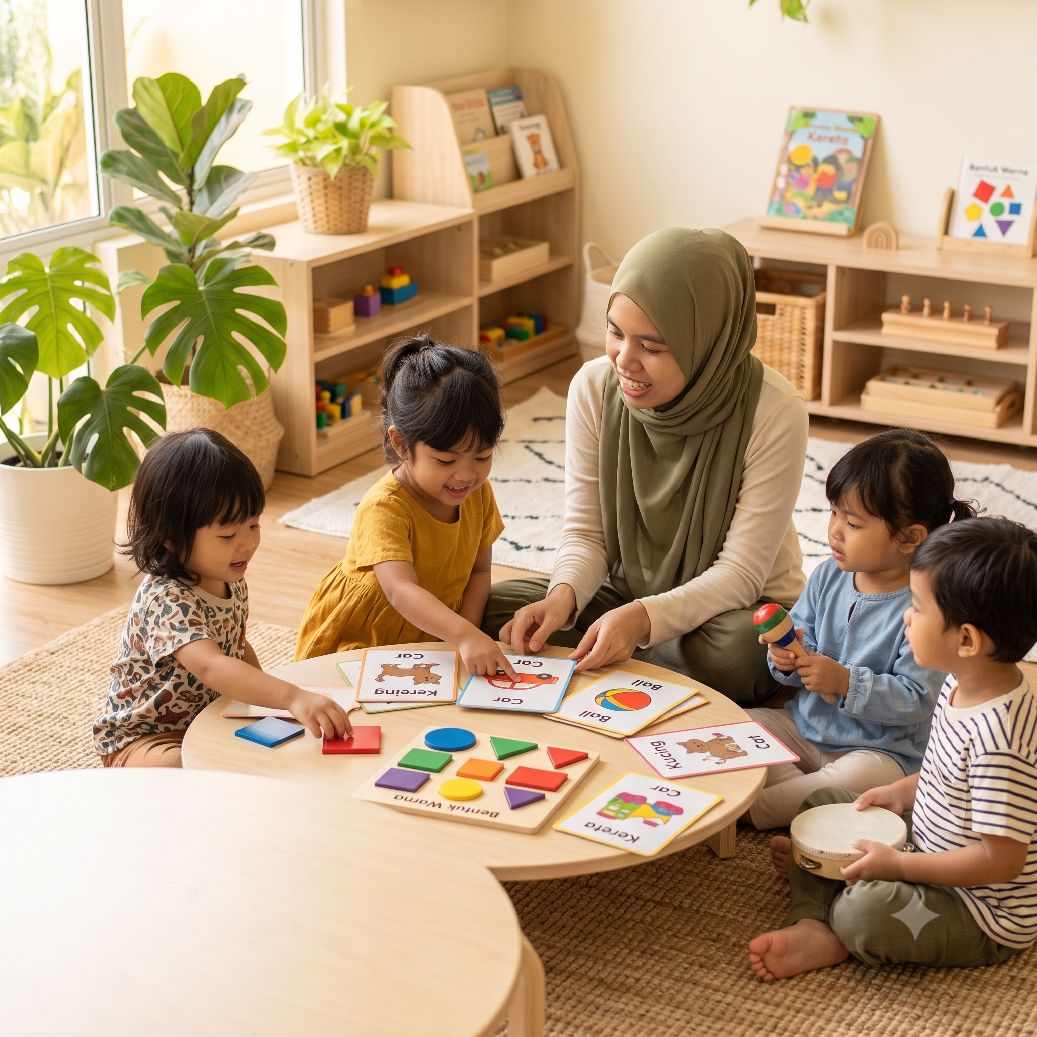 A therapist guiding a small group of children through a flashcard and shape-sorting activity