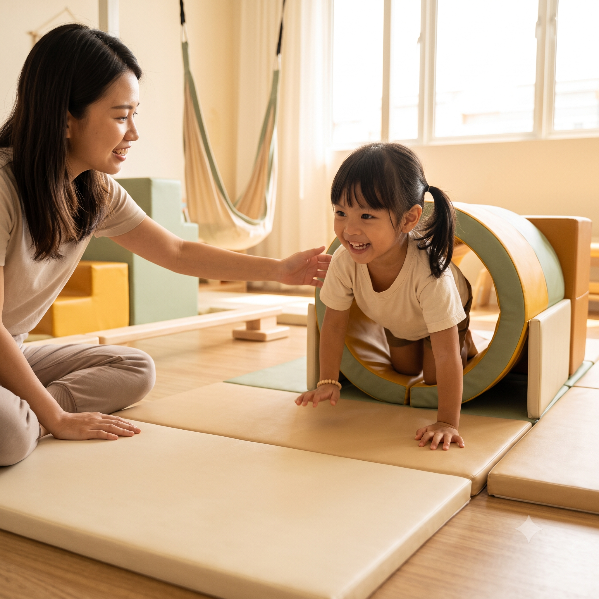 A therapist encouraging a child through a sensory play tunnel